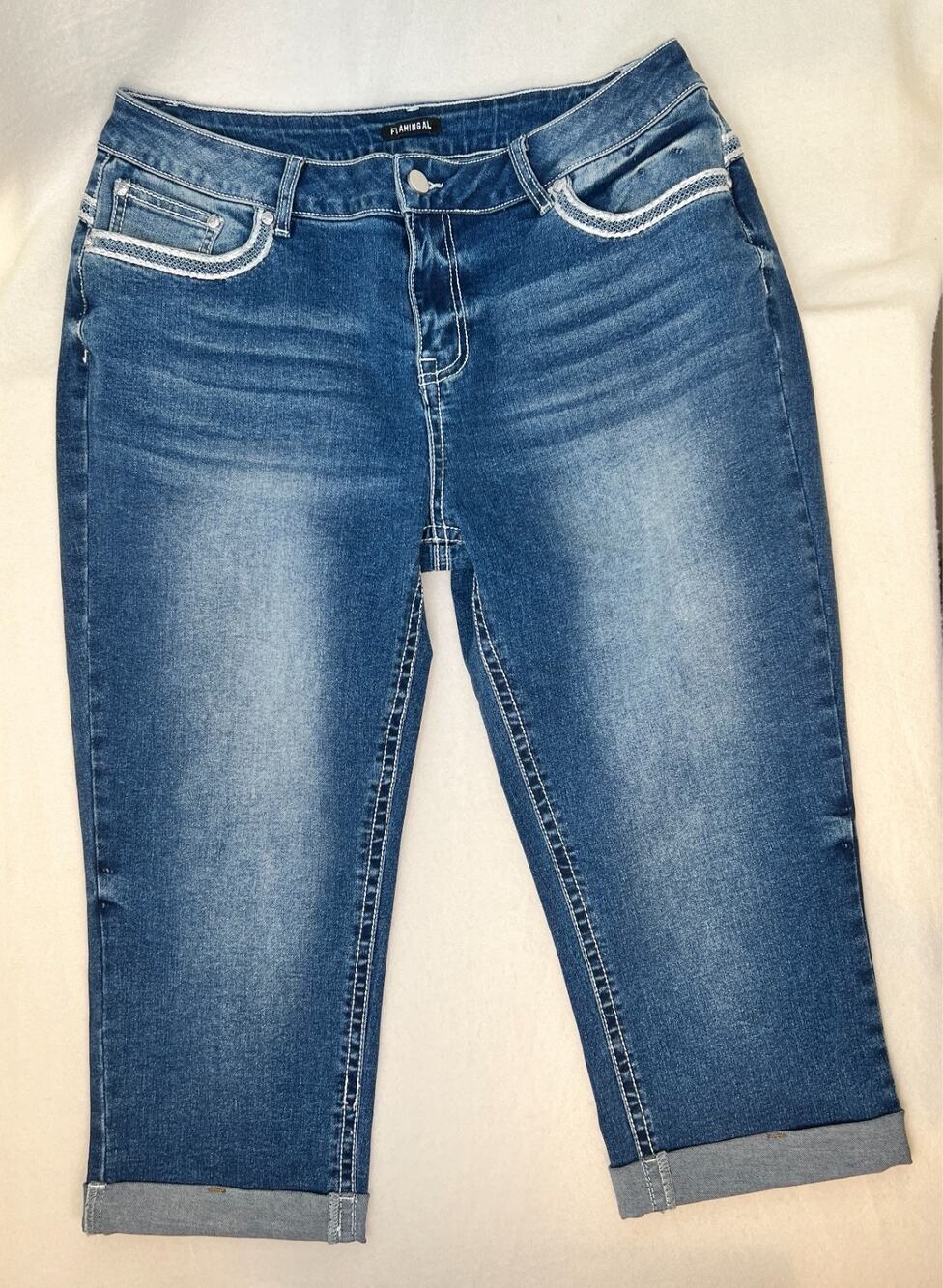 Flamingals Womens Capri Cropped Jeans Blue Lace Detail Size XLarge